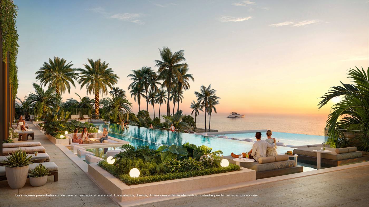 Aquamarine infinity pool at sunset
